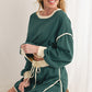 Evergreen Contrast Trim Loose Pullover and Lace-up Waist Skort Set