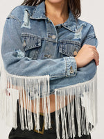 Load image into Gallery viewer, Distressed Fringe Collared Neck Cropped Denim Top
