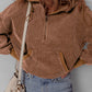 Chestnut Half Zipper Kangaroo Pocket Drawstring Corduroy Hoodie