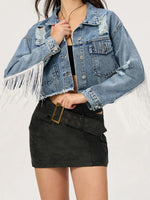 Load image into Gallery viewer, Distressed Fringe Collared Neck Cropped Denim Top
