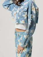 Load image into Gallery viewer, Distressed Raw Hem Floral Collared Neck Denim Top
