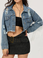 Load image into Gallery viewer, Distressed Fringe Collared Neck Cropped Denim Top
