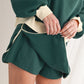 Evergreen Contrast Trim Loose Pullover and Lace-up Waist Skort Set