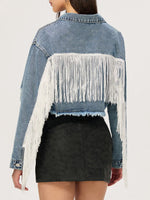 Load image into Gallery viewer, Distressed Fringe Collared Neck Cropped Denim Top
