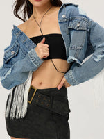 Load image into Gallery viewer, Distressed Fringe Collared Neck Cropped Denim Top
