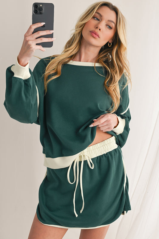 Evergreen Contrast Trim Loose Pullover and Lace-up Waist Skort Set