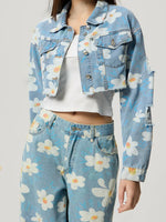 Load image into Gallery viewer, Distressed Raw Hem Floral Collared Neck Denim Top
